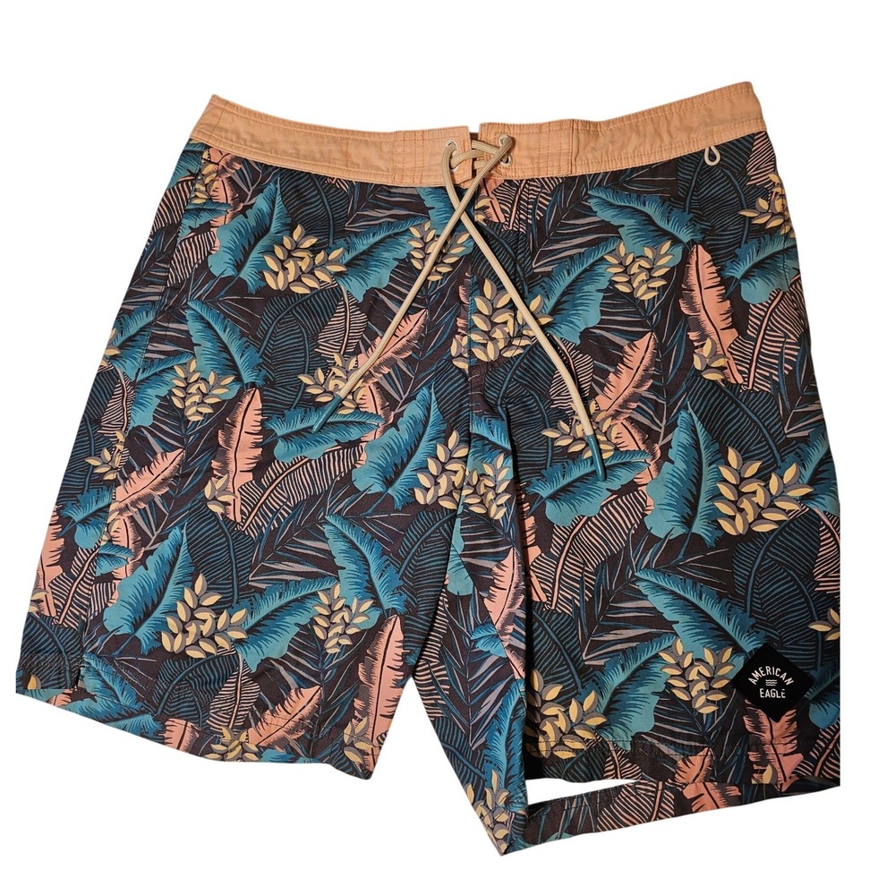 American Eagle Mens Tropical Palm Leaf Board Shorts Blue Peach Swim Trunks 36